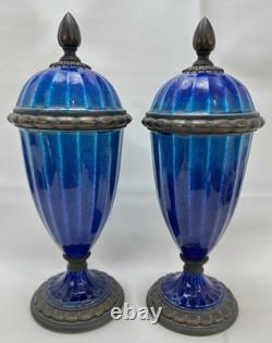 Pr French Art Deco Sevres Paul Milet Porcelain Bronze Urn Vase Blue Flambe wLids