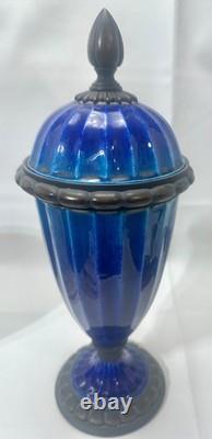 Pr French Art Deco Sevres Paul Milet Porcelain Bronze Urn Vase Blue Flambe wLids