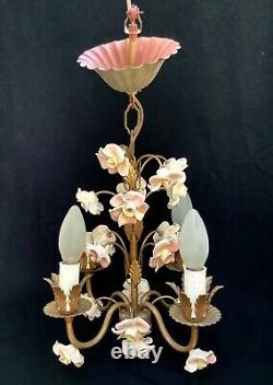 Pretty Vintage French Porcelain Flowers 4 Arm Chandelier Art Deco Period