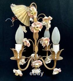 Pretty Vintage French Porcelain Flowers 4 Arm Chandelier Art Deco Period