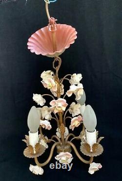 Pretty Vintage French Porcelain Flowers 4 Arm Chandelier Art Deco Period