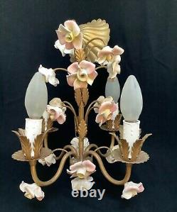 Pretty Vintage French Porcelain Flowers 4 Arm Chandelier Art Deco Period