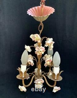 Pretty Vintage French Porcelain Flowers 4 Arm Chandelier Art Deco Period