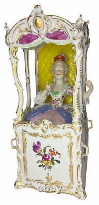 RARE Antique Vintage Dresden Porcelain Sedan Chair with Lady 11 H X 5 W