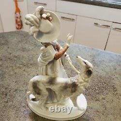 RARE Art Deco Beautiful Germany Porcelain Whippet Borzoi Dog & Girl 11 Figurine