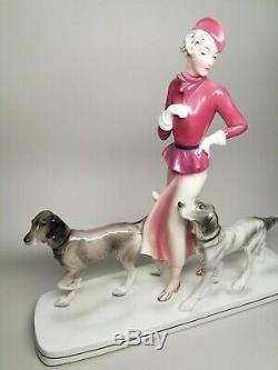 RARE Early HERTWIG KATZHUTTE Art Deco 14-1/8 Lady w Hunting Dogs German VINTAGE
