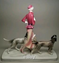 RARE Early HERTWIG KATZHUTTE Art Deco 14-1/8 Lady w Hunting Dogs German VINTAGE