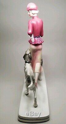 RARE Early HERTWIG KATZHUTTE Art Deco 14-1/8 Lady w Hunting Dogs German VINTAGE