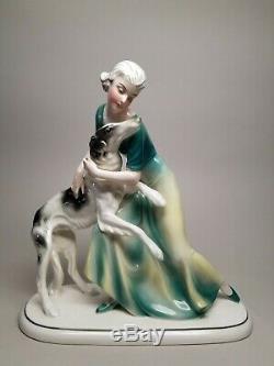 RARE Early HERTWIG / KATZHUTTE Art Deco 9-5/8 Lady with Borzoi Dog German VINTAGE