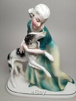 RARE Early HERTWIG / KATZHUTTE Art Deco 9-5/8 Lady with Borzoi Dog German VINTAGE