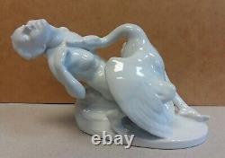 RARE HEREND Nude Risque LEDA AND THE SWAN White Porcelain ART DECO Figurine