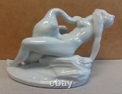 RARE HEREND Nude Risque LEDA AND THE SWAN White Porcelain ART DECO Figurine