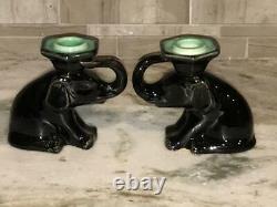 ROOKWOOD POTTERY pair Deco Elephant Figural 1934 Candlestick Holders #6059 Black