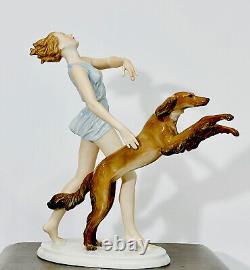 ROSENTHAL ART DECO Woman with Saluki Dog FIGURINE SCULPTURE by ERNST SEGER