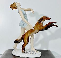 ROSENTHAL ART DECO Woman with Saluki Dog FIGURINE SCULPTURE by ERNST SEGER