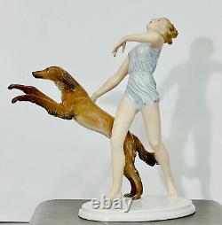 ROSENTHAL ART DECO Woman with Saluki Dog FIGURINE SCULPTURE by ERNST SEGER