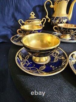 ROSENTHAL Gold/blue Art Deco Porcelain Demitasse 6 Serv Set Munchen Germany Antq