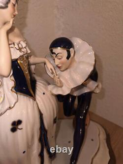 ROYAL DUX Antique Porcelain Figurine Columbine and Jester courting ART DECO