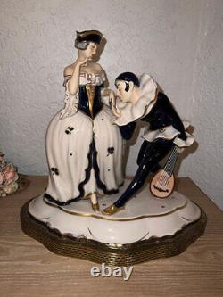 ROYAL DUX Antique Porcelain Figurine Columbine and Jester courting ART DECO