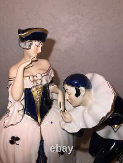 ROYAL DUX Antique Porcelain Figurine Columbine and Jester courting ART DECO