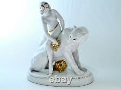 Rare Antique Hertwig & Co. Katzhutte German Porcelain Nude Figurine on Panther