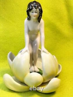 Rare Art Deco 1920s Nude Lady in Lotus Porcelain Flower Frog Figurine Germaniz