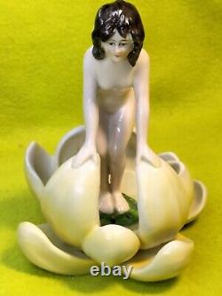 Rare Art Deco 1920s Nude Lady in Lotus Porcelain Flower Frog Figurine Germaniz