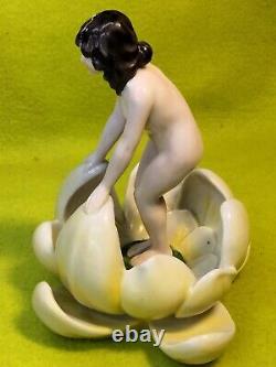 Rare Art Deco 1920s Nude Lady in Lotus Porcelain Flower Frog Figurine Germaniz