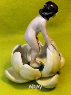 Rare Art Deco 1920s Nude Lady in Lotus Porcelain Flower Frog Figurine Germaniz