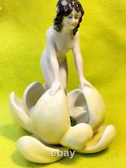 Rare Art Deco 1920s Nude Lady in Lotus Porcelain Flower Frog Figurine Germaniz