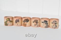 Rare Art Deco 1920s' Painted Porcelain Napkin Rings Depicting 6 Flapper Girls