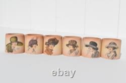 Rare Art Deco 1920s' Painted Porcelain Napkin Rings Depicting 6 Flapper Girls
