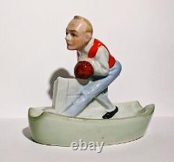 Rare Art Deco Porcelain Cigar Ashtray Well Dressed Man Bowling Theme 1930s