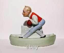 Rare Art Deco Porcelain Cigar Ashtray Well Dressed Man Bowling Theme 1930s