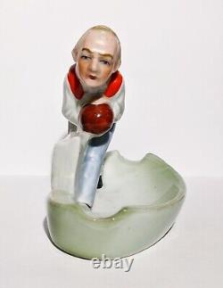 Rare Art Deco Porcelain Cigar Ashtray Well Dressed Man Bowling Theme 1930s