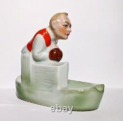 Rare Art Deco Porcelain Cigar Ashtray Well Dressed Man Bowling Theme 1930s