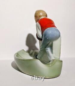 Rare Art Deco Porcelain Cigar Ashtray Well Dressed Man Bowling Theme 1930s