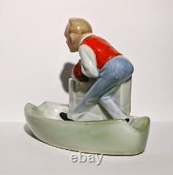 Rare Art Deco Porcelain Cigar Ashtray Well Dressed Man Bowling Theme 1930s