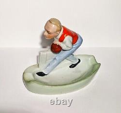 Rare Art Deco Porcelain Cigar Ashtray Well Dressed Man Bowling Theme 1930s