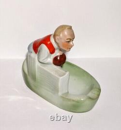 Rare Art Deco Porcelain Cigar Ashtray Well Dressed Man Bowling Theme 1930s