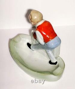 Rare Art Deco Porcelain Cigar Ashtray Well Dressed Man Bowling Theme 1930s