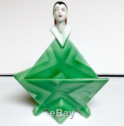 Rare Bavarian Art Deco Flapper Powder Jar Green Air Brushed Porcelain Figural