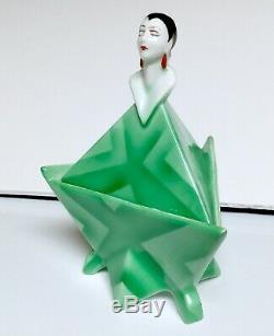 Rare Bavarian Art Deco Flapper Powder Jar Green Air Brushed Porcelain Figural