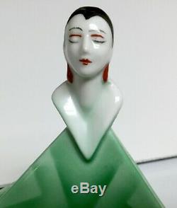 Rare Bavarian Art Deco Flapper Powder Jar Green Air Brushed Porcelain Figural