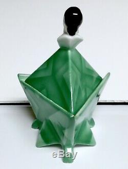 Rare Bavarian Art Deco Flapper Powder Jar Green Air Brushed Porcelain Figural