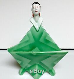 Rare Bavarian Art Deco Flapper Powder Jar Green Air Brushed Porcelain Figural