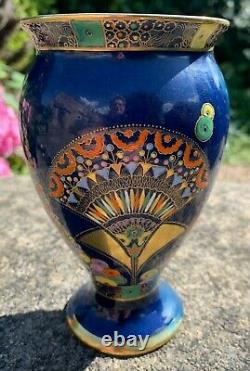 Rare Blue Art Deco CARLTON WARE Egyptian Fan Geometric Design Vase #3696