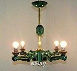 Rare Elegant French Art Deco 4 Arm Green Ceramic Chandelier Gold Highlights 1595