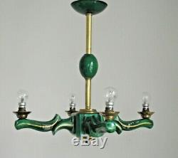 Rare Elegant French Art Deco 4 Arm Green Ceramic Chandelier Gold Highlights 1595