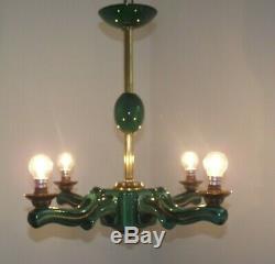 Rare Elegant French Art Deco 4 Arm Green Ceramic Chandelier Gold Highlights 1595